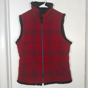 Woolrich Wool Sherpa Lined Full Zip Vest Women's M Red Ruby Plaid Pockets